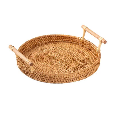 Round Rattan Bread Basket Woven Serving Tray with Handles for Cracker P9Z1 - Image 1 of 4