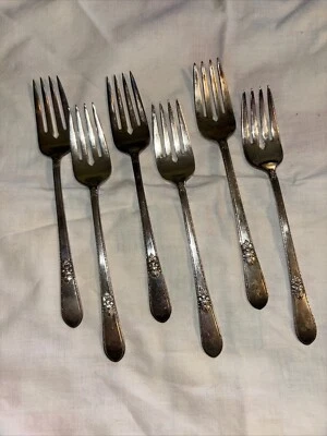1847 Rogers Bros IS adoración ensalada o tenedores de pastelería 6 cubiertos plateados 1930 Foto 1 de 4