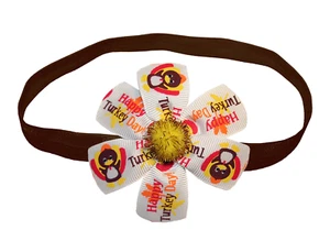 WD2U Baby Girls Happy Turkey Day Flower Hair Bow Stretch Headband - Picture 1 of 2
