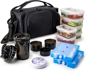 Portable Insulated Lunch Bag with 6 Reusable Food Containers & Ice Packs - Black - Picture 1 of 11