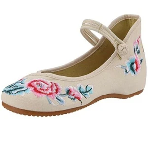 Handmade Ankle Buckle Flats Intricate Floral Embroidered Mary Jane Canvas Shoes - Picture 1 of 8