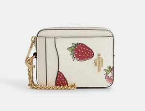 Coach CAR32 Zip Card Case With Strawberry Print NWT Chalk Multi - Picture 1 of 10