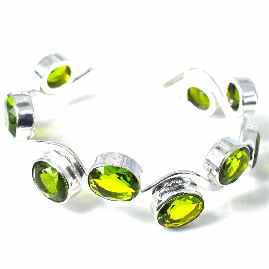 Green Peridot Gemstone Handmade 925 Sterling Silver Adjustable Cuff Bracelet - Image 1 of 1