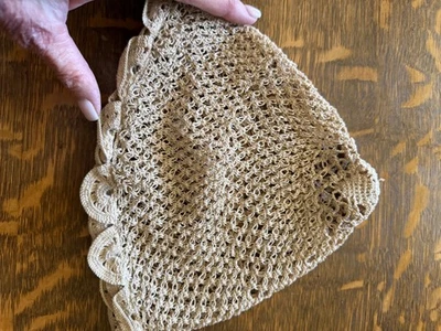 Antique Crochet Night Cap – Beige Ecru Cotton Lace – Hand-Crocheted Scalloped - Image 1 of 2