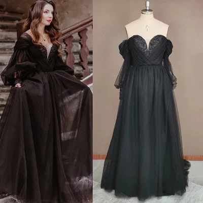 Elegant A-Line Black Wedding Dresses Off Shoulder Long Sleeves Bridal Gowns - Image 1 of 4