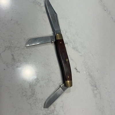 Vintage Sears Craftsman 3 Blade Knife Brass & Wood  - USA Rare Logo On Blade - Image 1 of 4