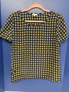 Blusa boho JOIE 100 % seda para mujer talla L azul marino dorado estampado geométrico - Imagen 1 de 6
