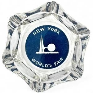 1939 New York Worlds Fair Blue & Clear Glass Ashtray - Picture 1 of 4