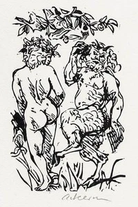 PAN mit FLÖTE & WEIBLICHEM AKT Helmut ACKERMANN Handsignierter OrigLinolschnitt - Foto 1 di 1