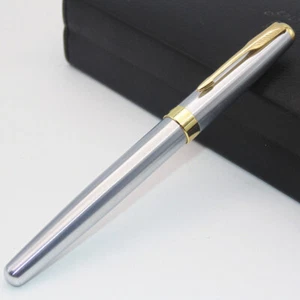 Elegant Stainless Steel Business Medium Nib Fountain Pen Silver Golden Trim Nib - Picture 1 of 8