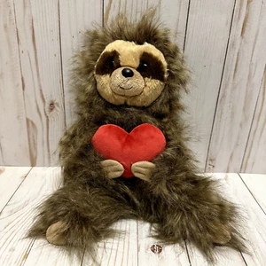 Aurora Valentines Sloth Plush Holding Heart Shaggy Fuzzy Long Hair 9 Inch - Picture 1 of 10