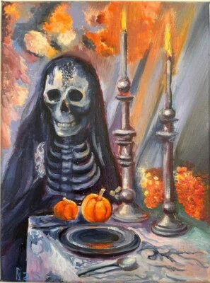 Decoración de Halloween, pintura original al óleo, 9x12 pulgadas, decoración de arte de pared firmada por terror Foto 1 de 4