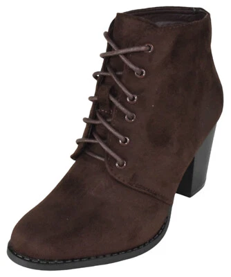 Forever Mujeres Apilado Grueso Tacones Altos Botines de Encaje JILLY Marrón Oscuro Foto 1 de 4