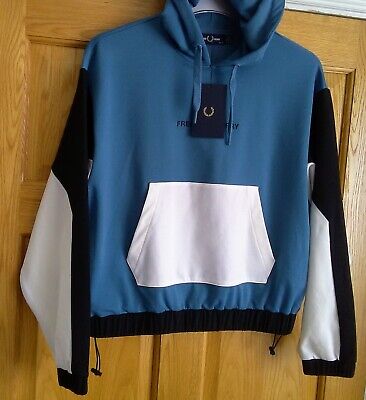 FRED PERRY Panelled Sweatshirt Hooded Blue White Size UK10 BNWT G3107 • 83.71€