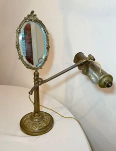 RARE antique ornate dépose brass adjustable vanity mirror desk lamp combo - Picture 1 of 12