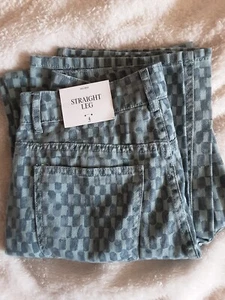 Future Collective Women's Size 4 Mid Rise St Leg Checkered Denim Jeans Green New - Picture 1 of 5