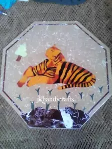 18" Marble Side Coffee Table Top Tiger Eye Lion Inlay Art Handmade Home Decor - Picture 1 of 3