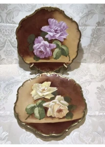 LIMOGES, Large Roses/Gold Trim, 10”In. Two Plates Hand Painted, Artist Signed - Picture 1 of 12