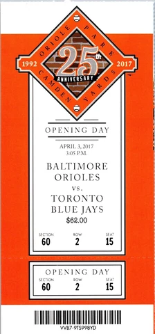 TICKET - Orioles Opening Day (4/3/2017) 25th Anniversary Camden Yards Sec 60 S15 Cover