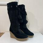 Y2K Suede Wedge Winter Boots Womens 7.5 Pom Pom Drawstrings Cable Knit