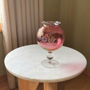Vintage Floral Etched Cranberry Pink Glass Globe Ruffled Edge Pedestal Vase - Picture 1 of 6