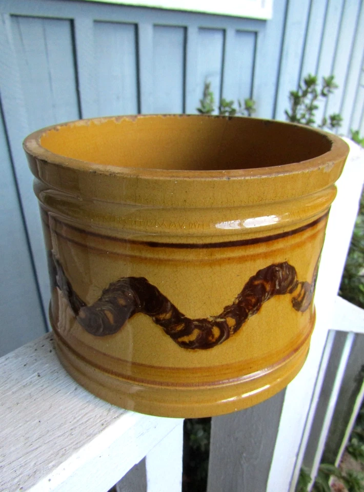 Antique Mocha Yellow Ware Storage Crock, Earthworm and line Decoration, 6.25" W - Image 1 of 4