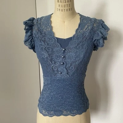 Блузка Kitten D'Amour топ AU 4 США 0 синяя кружевная с оборками винтажная вырезка викторианская фея - Изображение 1 из 4