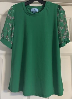 CeCe Boho Floral Puff Sleeve Size S Mixed Media Crew Neck Stretch Blouse - Image 1 of 4