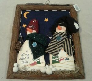 Rustic framed "HAPPY SNOWMAN" fabric & wood 3D style wall hanging 15" x 13" NEW