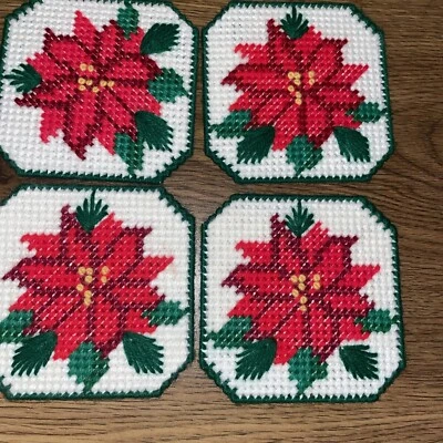 Cross Stitch Coaster Set Christmas Poinsettia  Set 4 Handmade VTG - Image 1 of 4