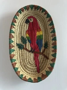 Vtg Parrot Basket Tray, Weaved, Tropical Bird, Colorful - Picture 1 of 8