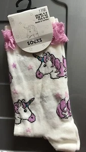 Girls / Ladies Ivory Socks with Lilac Unicorn & Pink Frill detail size 4-8 - Picture 1 of 2