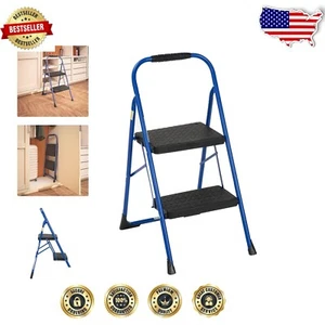 2-Step Steel Step Stool with Rubber Grip - Lightweight & Foldable Blue Design - Picture 1 of 10