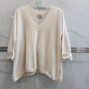 Pure Collection 100% Cashmere V-Neck Oversized Sweater Size 2 Cream 3/4 Sleeve - Picture 1 of 3