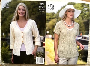 KING COLE KNITTING PATTERN 3075 FOR SWEATER & JACKET IN ARAN ~ SIZES 32 - 46” - Picture 1 of 2