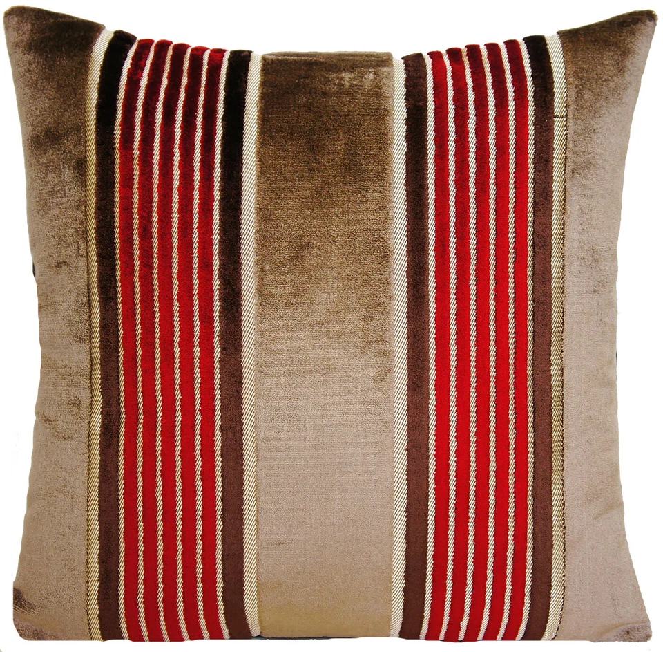 Stripes Cushion Cover Velvet Woven Osborne & Little Fabric Gold Taupe Red 16x16” - Image 1 of 1