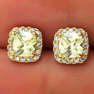 1.85Ct CZ Green Peridot Square Halo Stud Earrings 14K Yellow Gold - Picture 1 of 5
