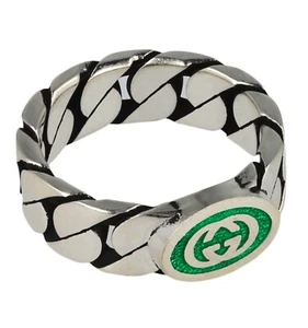 GUCCI- Wide Sterling Silver & Enamel Gourmette Chain Ring, Gucci Size-23 - Picture 1 of 4
