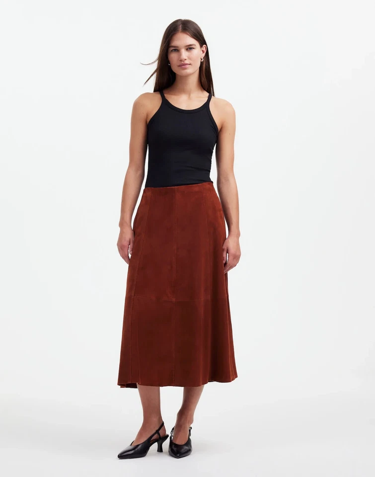 Falda midi Madewell de gamuza con costuras de caoba para mujer talla 2 cuero marrón nueva sin etiquetas $398 Foto 1 de 4