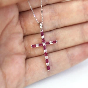 1 ctw Natural Red Baguette Ruby & Diamond Solid 14k White Gold Cross Necklace - Picture 1 of 3