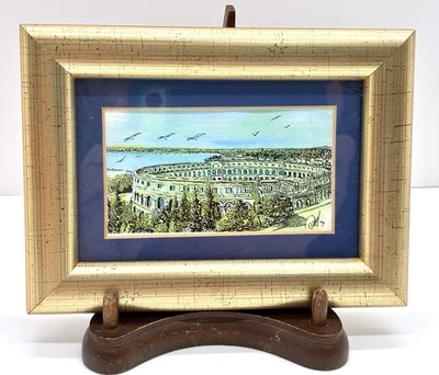 Pintura acuarela miniatura de colección enmarcada en oro 6” x 4,5” firmada por artista croata Foto 1 de 4