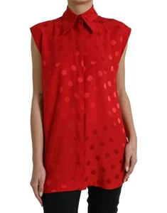 Dolce & Gabbana Red Polka Dot Sleeveless Collared Blouse Women's Top Authentic - Picture 1 of 6