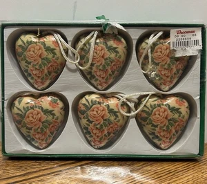 VTG Romantic Roses Christmas Ornaments Lot 6 Heart Shabby Pink Floral Victorian - Picture 1 of 6