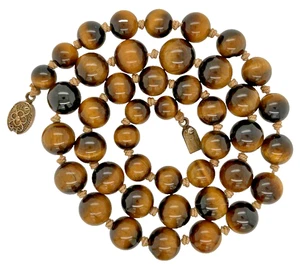 Chinese Export 23" Graduated 8-11MM Tigers Eye Knotted Strand Necklace Sterling - Picture 1 of 5