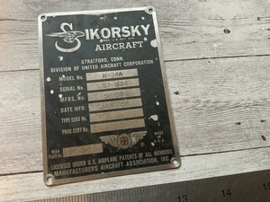 Placa de identificación de datos de helicóptero original 1958 Sikorsky H-34A - Imagen 1 de 2