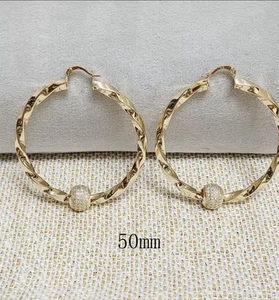 9ct Yellow Gold Guilded Chunky 50 mm Twist Hoop Earrings With Crystal Balls - Picture 1 of 10