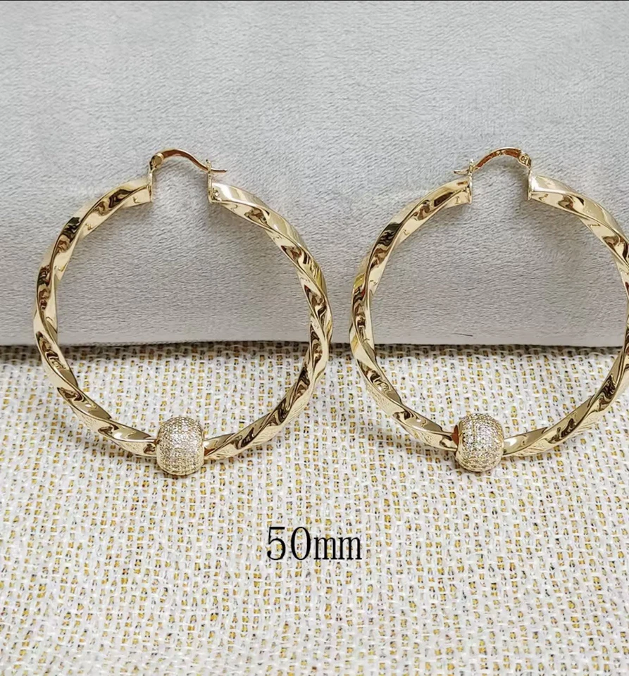 9ct Yellow Gold Guilded Chunky 50 mm Twist Hoop Earrings With Crystal Balls - Image 1 of 4