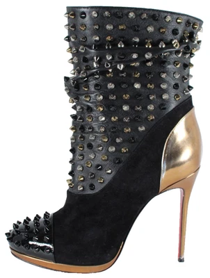 Botas de tornozelo CHRISTIAN LOUBOUTIN couro preto e camurça com cravos salto alto 37,5 - Imagem 1 de 4