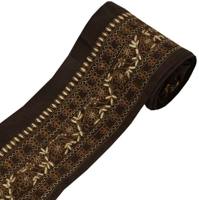 Cinta de encaje marrón profundo bordado artesanal indio borde sari vintage Foto 1 de 4