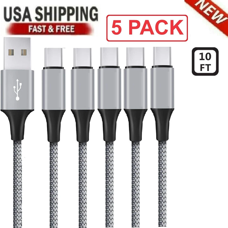5-Pack Braided USB C Type-C Fast Charging Data SYNC Charger Cable Cord 3/6/10FT - Image 1 of 4